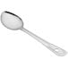 A Choice 11" solid stainless steel basting spoon with a handle and a silver spoon bowl.