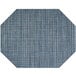 A blue and white woven vinyl octagon placemat with a basketweave pattern.