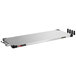 A silver stainless steel rectangular Metro countertop shelf with black plugs on the bottom.