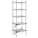A Metro stainless steel shelving unit with two heated shelves and three regular shelves.