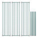 A set of three metal shelves with green metal rods on a white background.