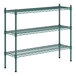A green metal wire Regency shelving unit with three shelves.