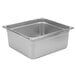 A close-up of a Choice 2/3 Size stainless steel steam table pan with a square top.