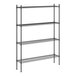 A wireframe of a black metal Regency wire shelving unit with four shelves.