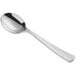 A close-up of a Visions Hammersmith silver plastic soup spoon with a textured handle.