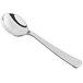 A Visions silver plastic soup spoon with a handle.