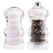 A white Chef Specialties salt shaker next to a clear Chef Specialties pepper mill.