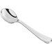 A Visions heavy weight silver plastic soup spoon with a silver handle.