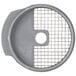 A grey metal disc with a grid of wires.