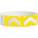 A yellow and white paper wristband with black text.