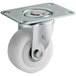 A Baker's Mark white swivel caster with a white and metal wheel.