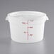 A translucent white plastic Choice food storage container with measurements and red writing on it.