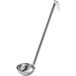 A silver stainless steel ladle with a long handle.