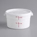 A white Choice round polypropylene food storage container with red measurements on it.
