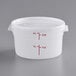 A white Choice translucent plastic food storage container with measurements on it and a red lid.