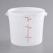 A white translucent plastic Choice food storage container with red measurements and text.