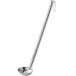 A stainless steel ladle with a long handle.