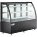 An Avantco black 3-shelf curved glass refrigerated bakery display case with glass doors on wheels.