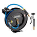 A black and blue Regency hose reel with a black and blue hose attached.