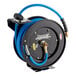 A black and blue Regency hose reel with a blue hose on it.