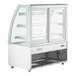 An Avantco white refrigerated bakery display case with curved glass doors and 3 shelves.