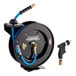 A black powder-coated steel Regency hose reel with a blue and black hose and a black spray water gun.