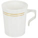 A white Fineline plastic coffee mug with gold stripes and a handle.