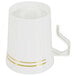 A white plastic coffee mug with a gold line and handle.
