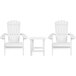 Two white chairs with armrests and a table.