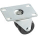 A black steel True Equivalent swivel plate caster with a black metal wheel.