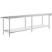 A white metal shelf with stainless steel legs.