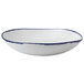 A white Dudson china bowl with a blue rim.