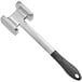 A silver meat tenderizer with a black handle.
