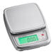 A silver AvaWeigh digital portion scale with a green screen.