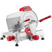 A Berkel manual meat slicer with red handles.