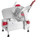 A silver and red Berkel meat slicer with a white background.