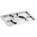 A stainless steel Choice rectangular tray with six compartments, including a circular center.