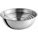A set of 10 silver stainless steel mixing bowls with handles.