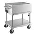 A stainless steel Backyard Pro barbecue cart on wheels.