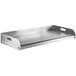 A silver stainless steel Backyard Pro griddle plate with handles.