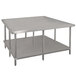 A white metal Advance Tabco work table with stainless steel undershelf.
