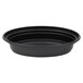 A black Pactiv oval microwavable container with a black lid.