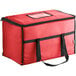 A red Choice insulated food delivery bag with black straps and zipper.