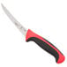 A Mercer Culinary Millennia Colors boning knife with a red handle and black blade.