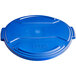 A blue plastic Toter lid for 32 gallon round trash cans.