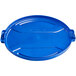 A blue plastic lid for Toter 32 gallon round trash cans with a handle.