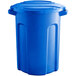 A blue Toter 32 gallon round trash can with a blue plastic lid.
