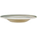 An International Tableware stoneware pasta bowl with green bands on a white background.