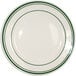 An International Tableware ivory stoneware plate with green lines.