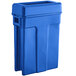 A blue plastic Toter trash can with a blue lid.